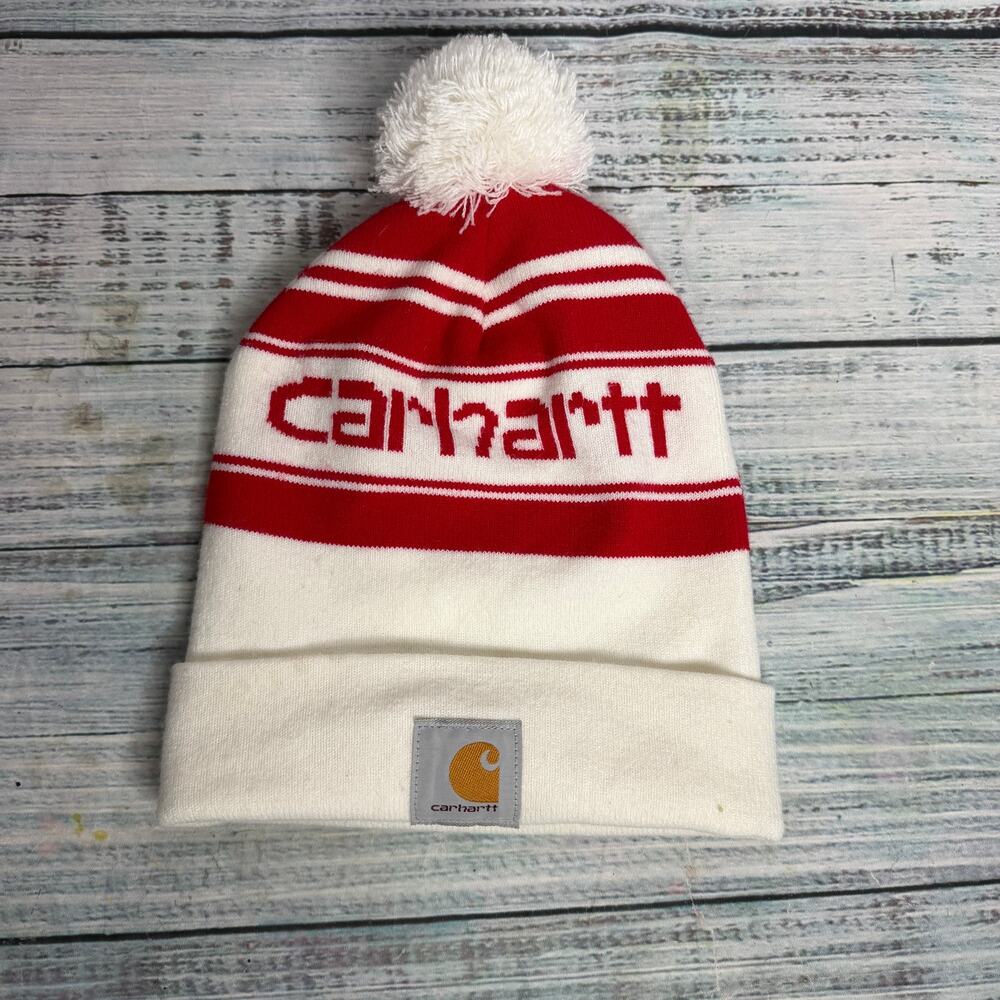 Carhartt Pom Beanie Red White Logo Striped Knit Winter Hat One Size